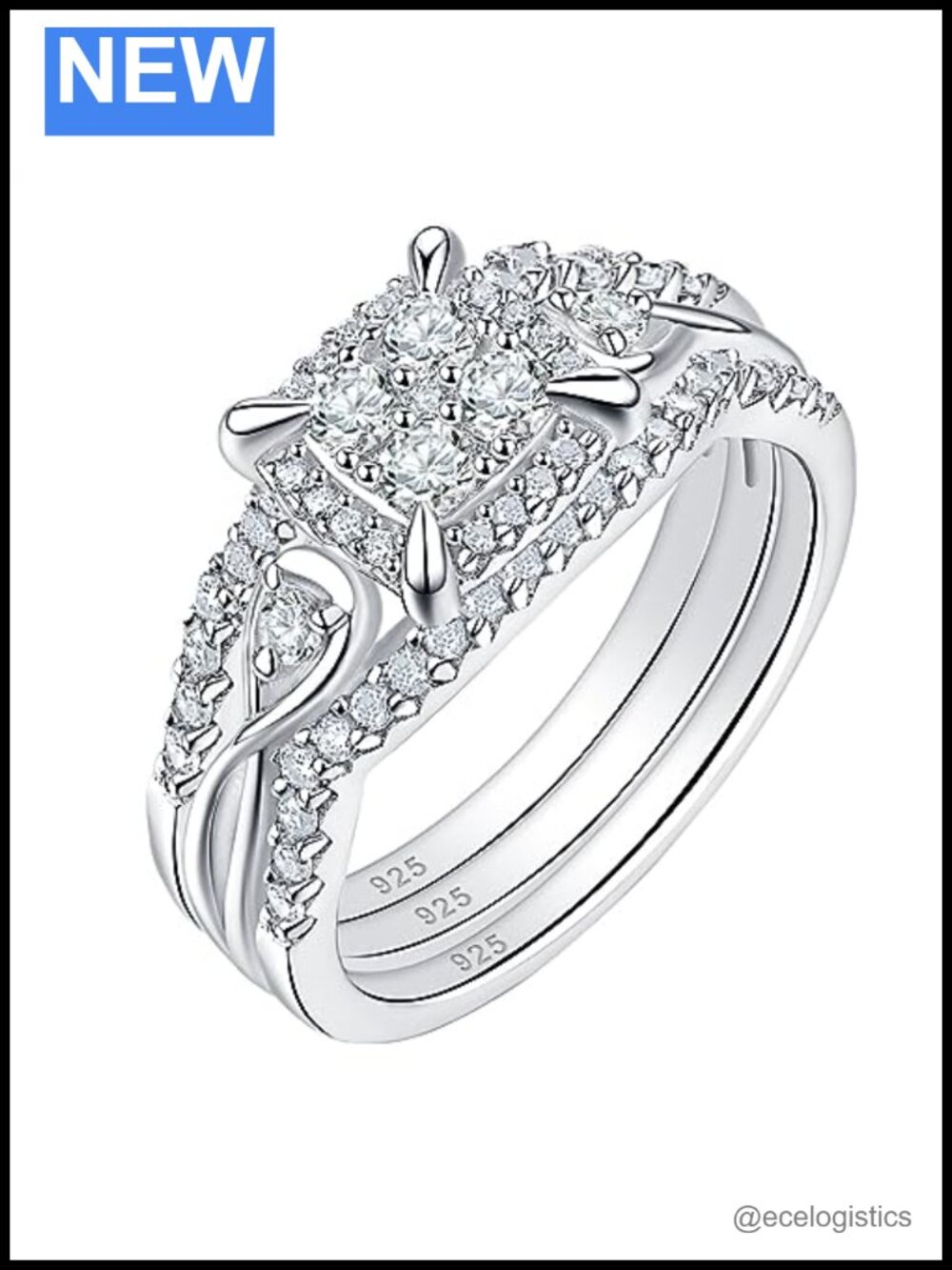 925 Sterling Silver Wedding Ring Set Round CZ Halo Bridal Rings